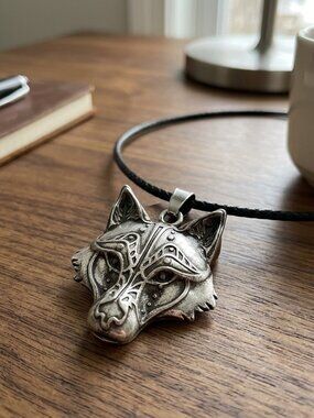 Mens Wolf Head Necklace Viking Fenrir Pendant Antique Silver Black Cord